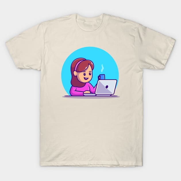 Cute Girl Working On Laptop With Cup Coffee T-Shirt by Catalyst Labs